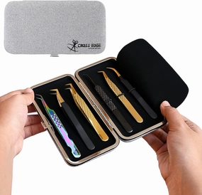 Glittery Eyelash Extension Tweezers Storage Case - Multipurpose Portable Magnetic Box Holds 6 - Silver