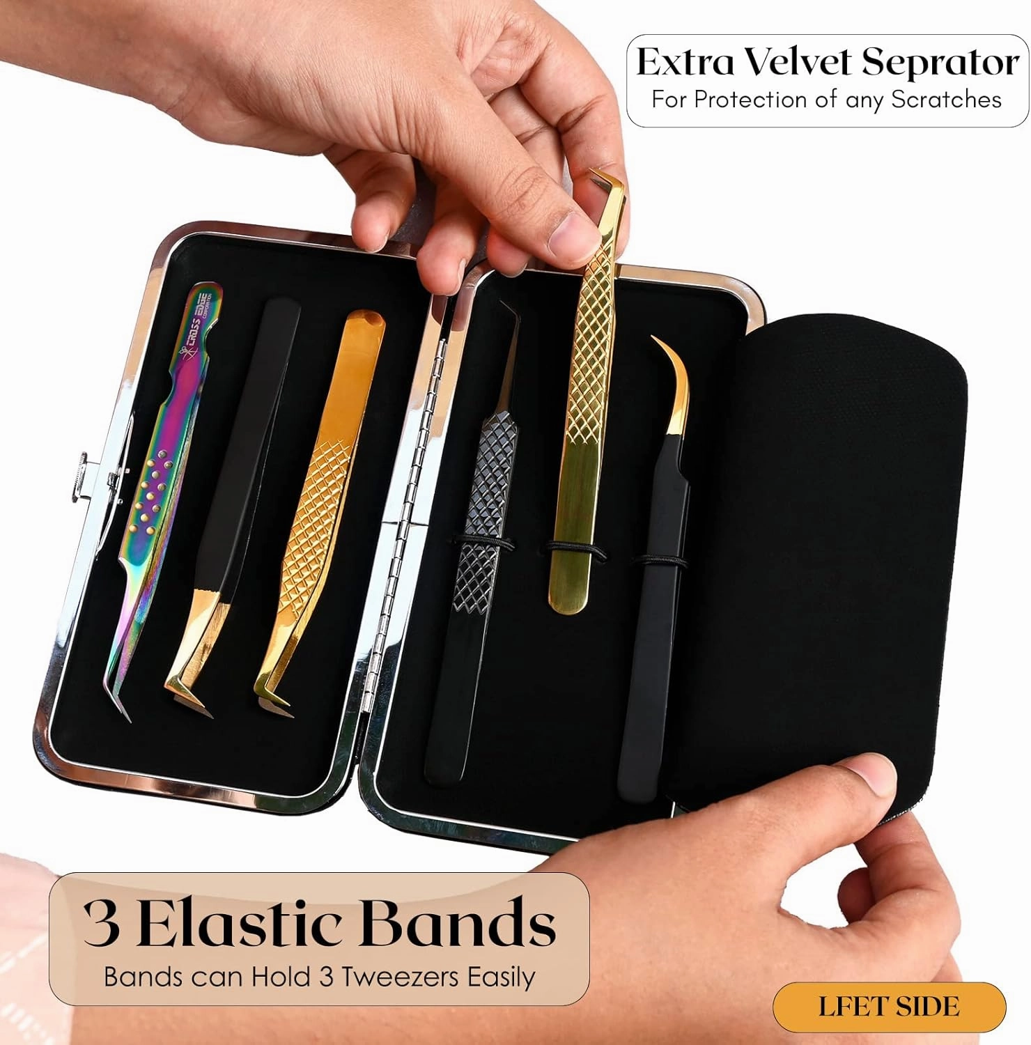 Glittery Eyelash Extension Tweezers Storage Case - Multipurpose Portable Magnetic Box Holds 6 - Silver