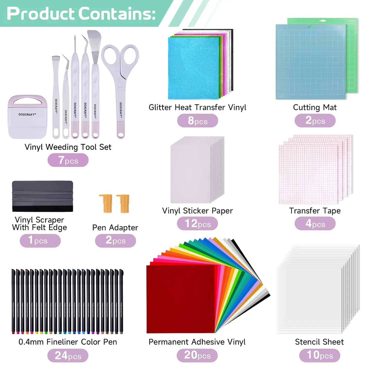GO2CRAFT All-in-One Accessories Bundle for Cricut Makers and All Explore Air, 90Pcs Ultimate Tools and Accessories with Vinyl, Weeding Tools, Transfer Tape, Crafting Starter Kit for Cricut Projects