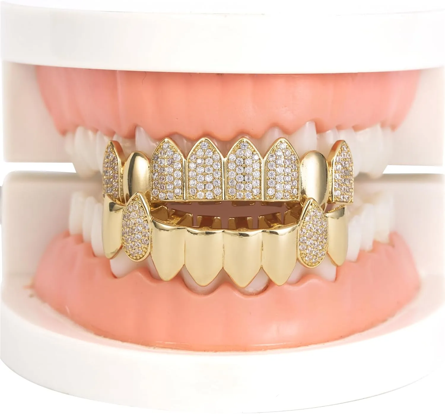 Grillz street Hip Hop personality Gold Shiny Copper gold-plated teeth Grillz Vampire fangs Grills Daily wear Halloween and Party Unisex - Comes With Tweezer & Dental Wax