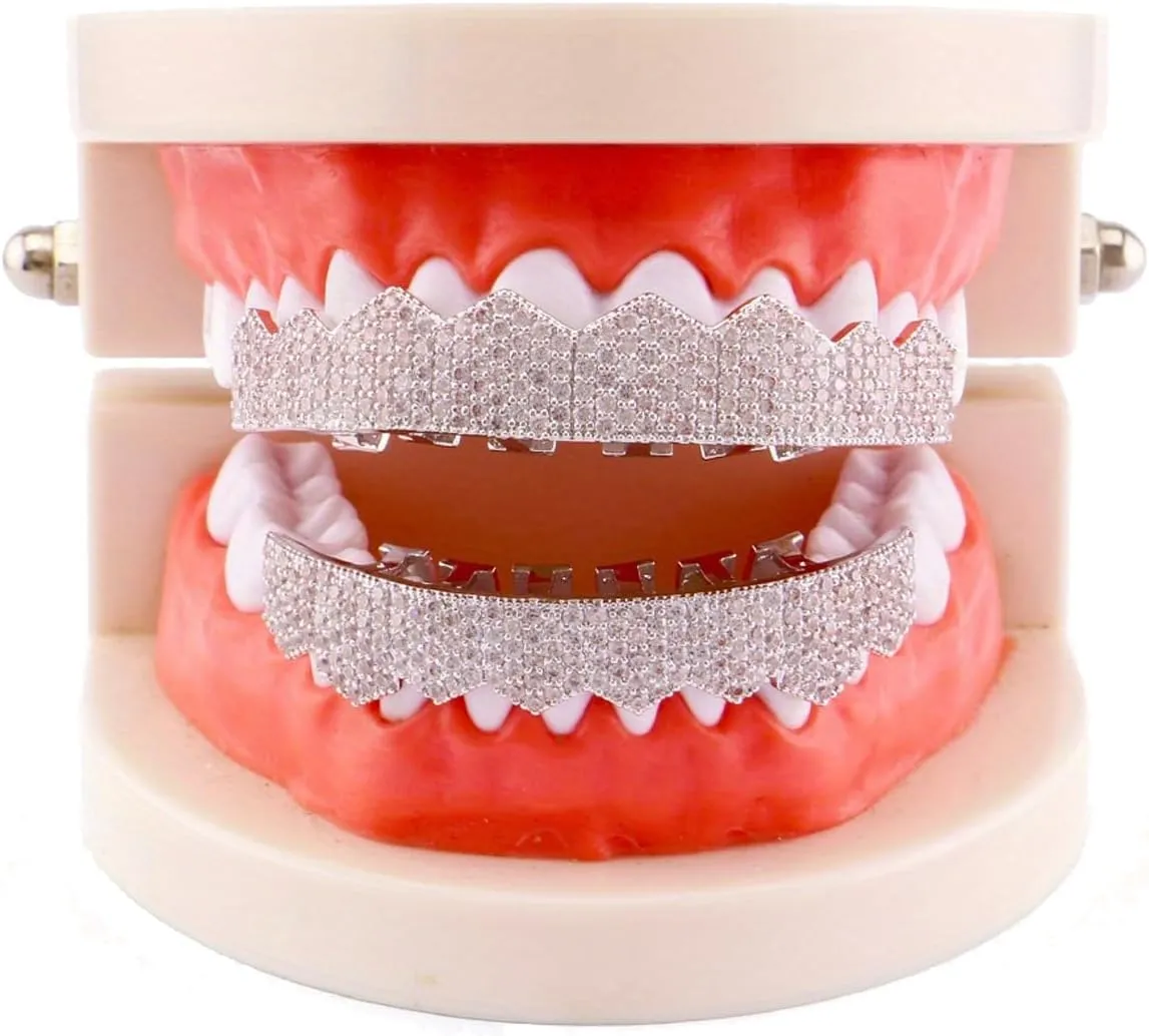 Grillz street Hip Hop personality Gold Shiny Copper gold-plated teeth Grillz Vampire fangs Grills Daily wear Halloween and Party Unisex - Comes With Tweezer & Dental Wax
