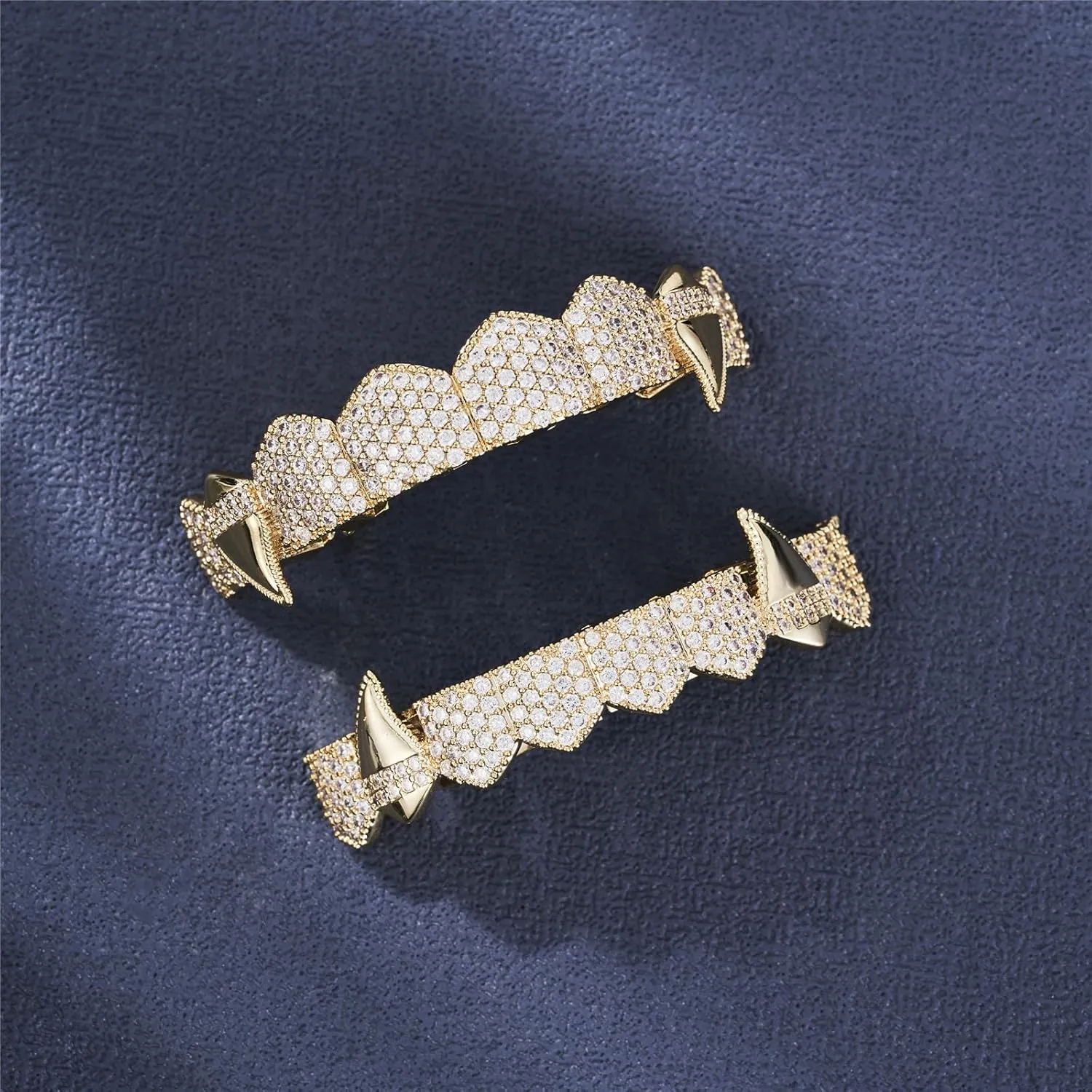 Grillz street Hip Hop personality Gold Shiny Copper gold-plated teeth Grillz Vampire fangs Grills Daily wear Halloween and Party Unisex - Comes With Tweezer & Dental Wax
