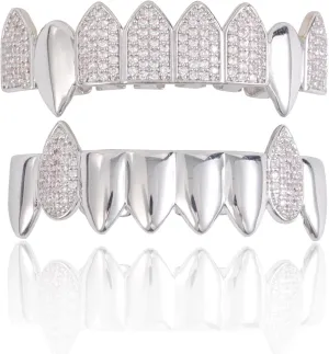 Grillz street Hip Hop personality Gold Shiny Copper gold-plated teeth Grillz Vampire fangs Grills Daily wear Halloween and Party Unisex - Comes With Tweezer & Dental Wax