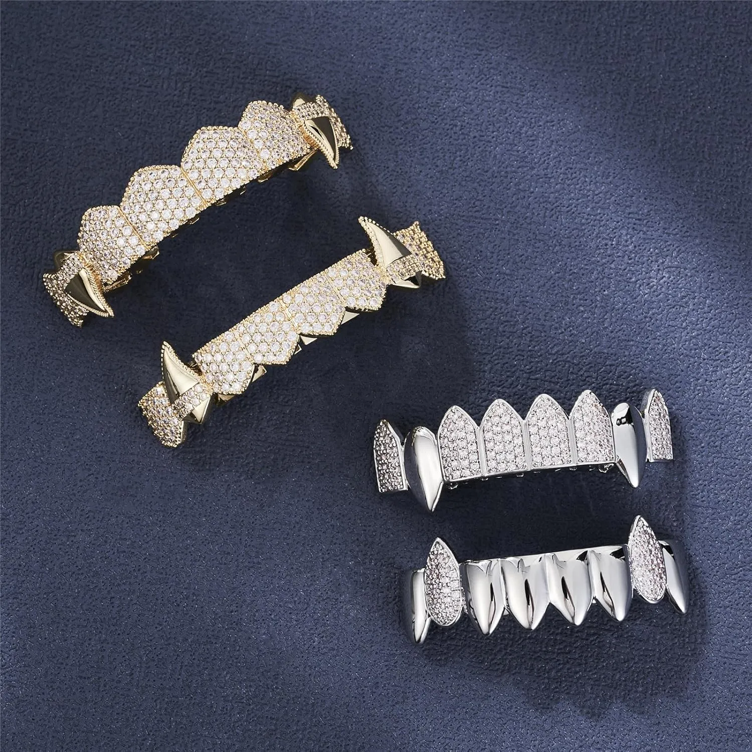 Grillz street Hip Hop personality Gold Shiny Copper gold-plated teeth Grillz Vampire fangs Grills Daily wear Halloween and Party Unisex - Comes With Tweezer & Dental Wax