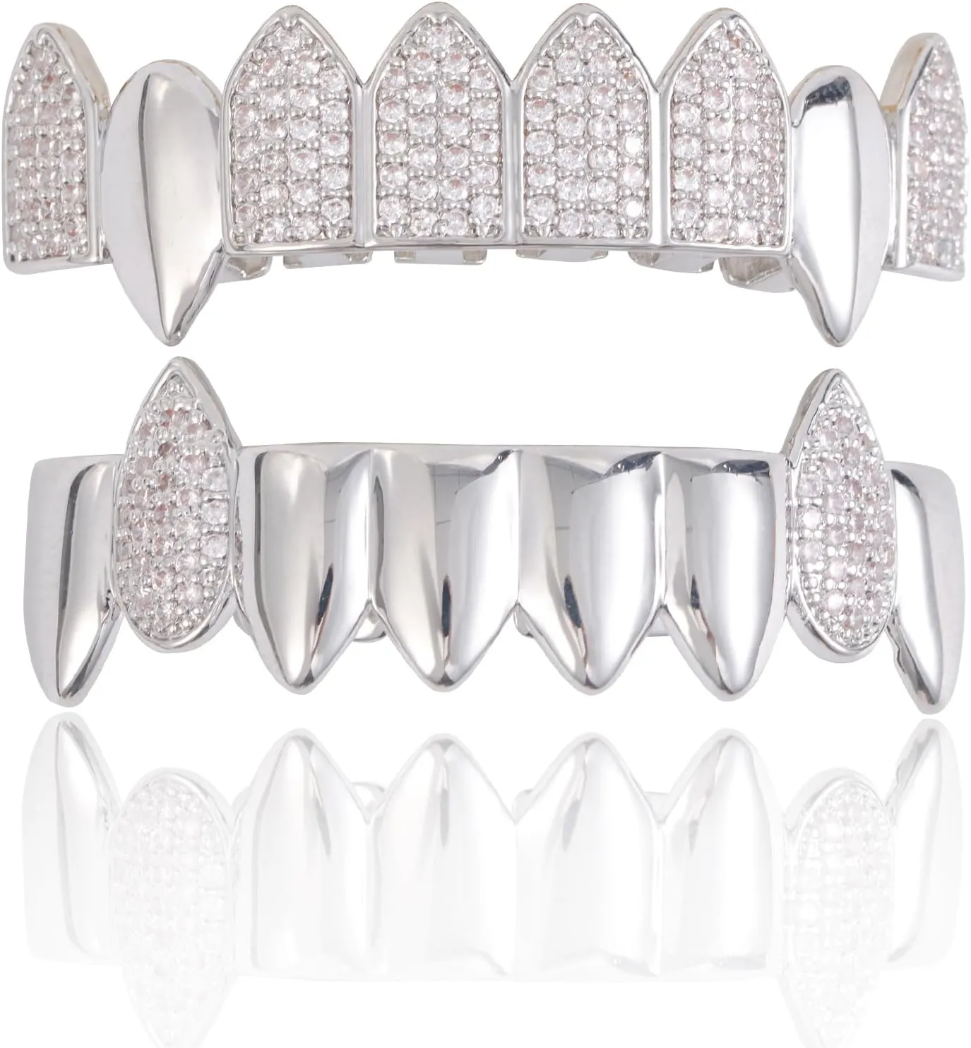 Grillz street Hip Hop personality Gold Shiny Copper gold-plated teeth Grillz Vampire fangs Grills Daily wear Halloween and Party Unisex - Comes With Tweezer & Dental Wax