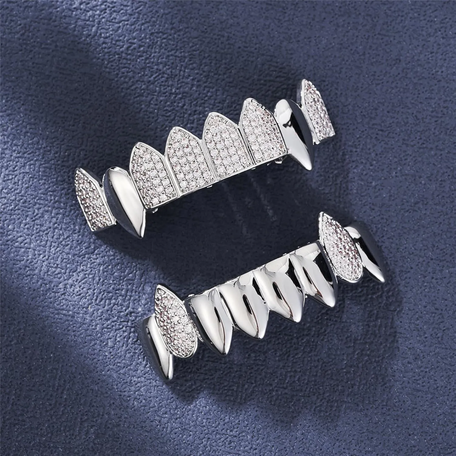 Grillz street Hip Hop personality Gold Shiny Copper gold-plated teeth Grillz Vampire fangs Grills Daily wear Halloween and Party Unisex - Comes With Tweezer & Dental Wax