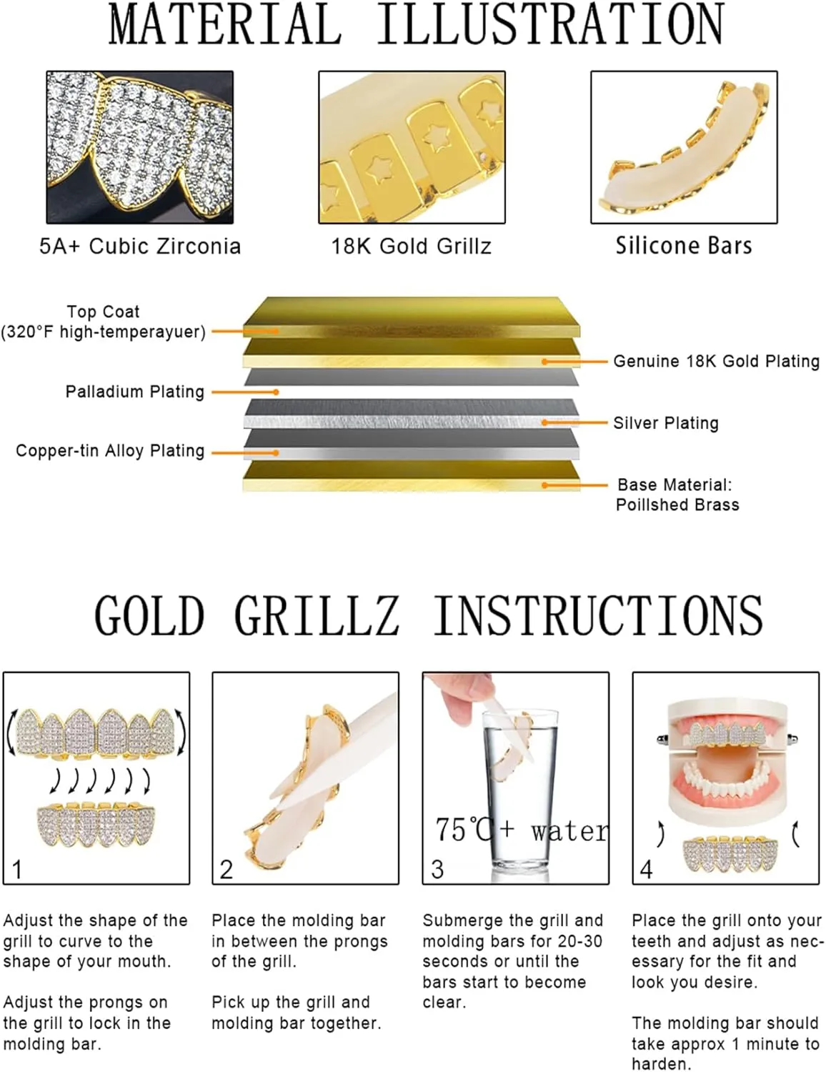 Grillz street Hip Hop personality Gold Shiny Copper gold-plated teeth Grillz Vampire fangs Grills Daily wear Halloween and Party Unisex - Comes With Tweezer & Dental Wax