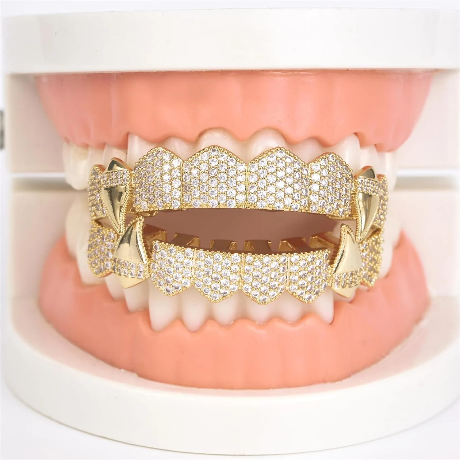 Grillz street Hip Hop personality Gold Shiny Copper gold-plated teeth Grillz Vampire fangs Grills Daily wear Halloween and Party Unisex - Comes With Tweezer & Dental Wax