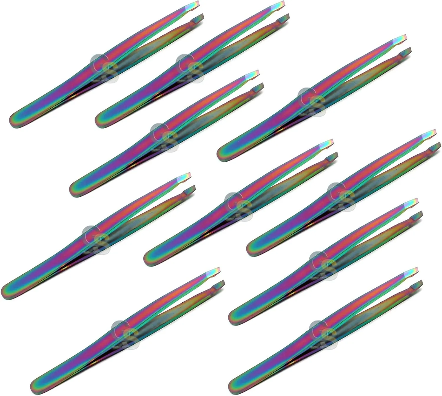 G.S SET OF 10 MULTI TITANIUM COLOR RAINBOW EYEBROW TWEEZERS SLANT TIP STAINLESS STEEL