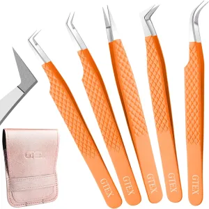 GTEX Fiber Tip Lash Tweezers For Eyelash Extension Tweezers Set of 5, Professional Eyelash Tweezers For Lash Extensions - 90 45 Degree Curved Volume Lash Tweezer Orange