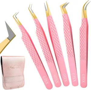 GTEX Fiber Tip Lash Tweezers For Eyelash Extension Tweezers Set of 5, Professional Eyelash Tweezers For Lash Extensions - 90 45 Degree Curved Volume Lash Tweezer Pink