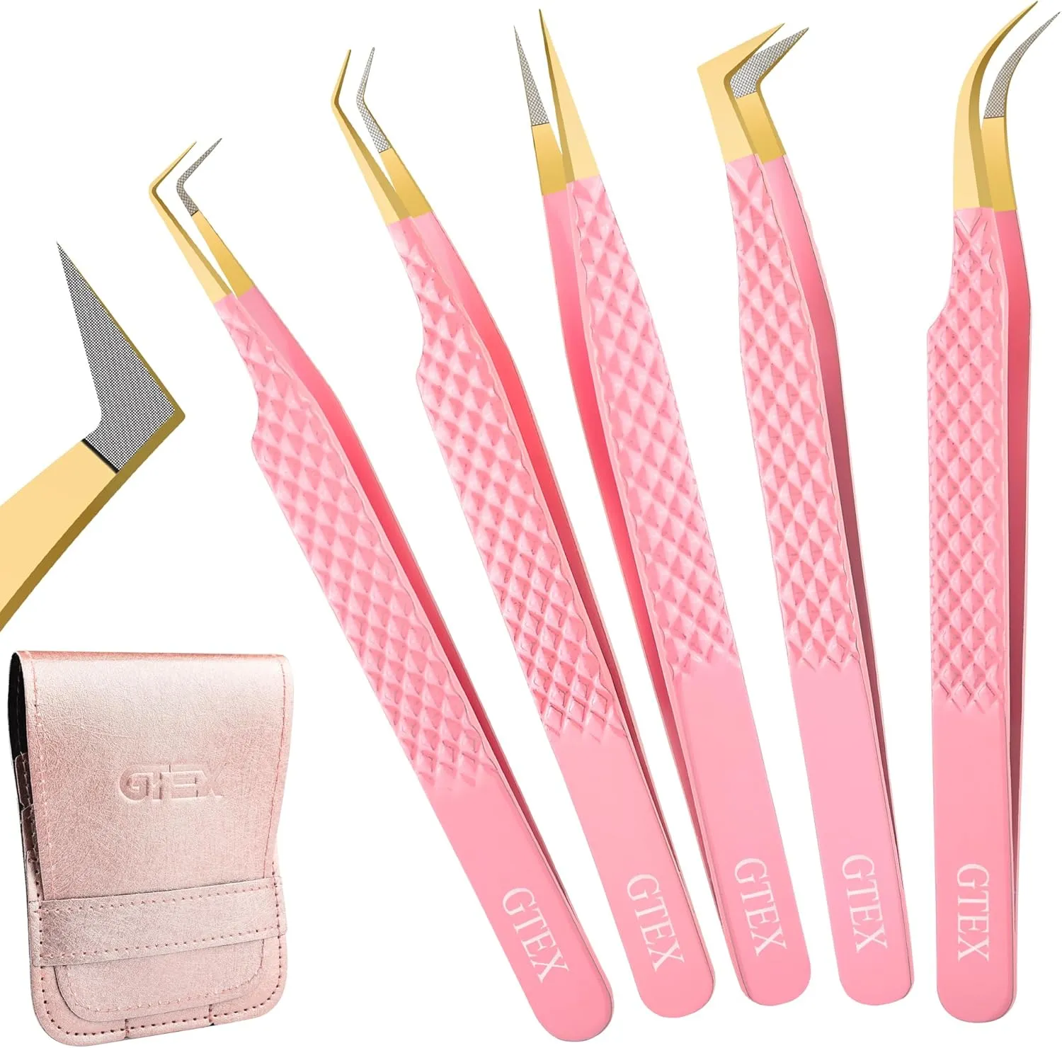GTEX Fiber Tip Lash Tweezers For Eyelash Extension Tweezers Set of 5, Professional Eyelash Tweezers For Lash Extensions - 90 45 Degree Curved Volume Lash Tweezer Pink