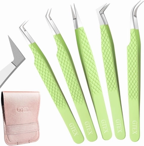 GTEX Fiber Tip Lash Tweezers For Eyelash Extension Tweezers Set of 5, Professional Eyelash Tweezers For Lash Extensions - 90 45 Degree Curved Volume Lash Tweezer Green