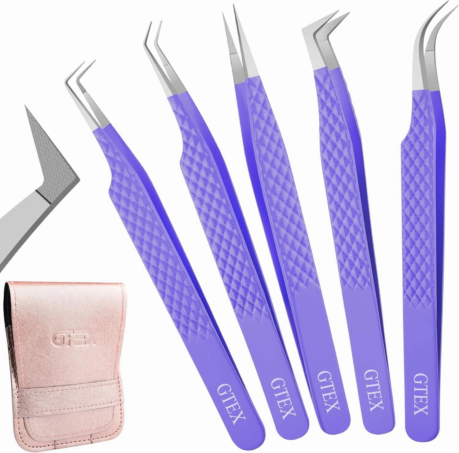 GTEX Fiber Tip Lash Tweezers For Eyelash Extension Tweezers Set of 5, Professional Eyelash Tweezers For Lash Extensions - 90 45 Degree Curved Volume Lash Tweezer Purple