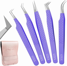 GTEX Fiber Tip Lash Tweezers For Eyelash Extension Tweezers Set of 5, Professional Eyelash Tweezers For Lash Extensions - 90 45 Degree Curved Volume Lash Tweezer Purple