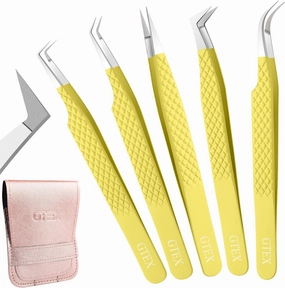 GTEX Fiber Tip Lash Tweezers For Eyelash Extension Tweezers Set of 5, Professional Eyelash Tweezers For Lash Extensions - 90 45 Degree Curved Volume Lash Tweezer Yellow