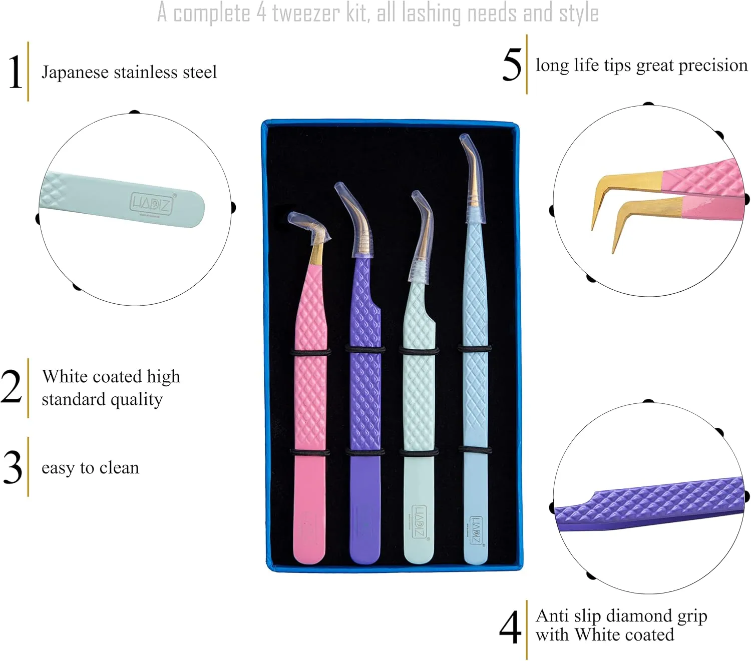 HADIZ Fiber Tip Tweezers Set of 4 Diamond Grip Eyelash Extensions Tweezers Japanese Stainless Steel Lash Tweezer (Combination)