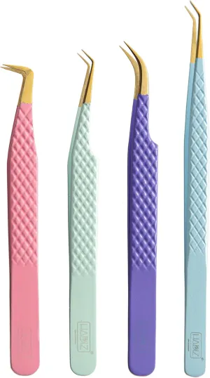 HADIZ Fiber Tip Tweezers Set of 4 Diamond Grip Eyelash Extensions Tweezers Japanese Stainless Steel Lash Tweezer (Combination)