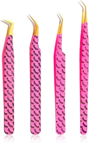 HADIZ Fiber Tip Tweezers Set of 4 Diamond Grip Eyelash Extensions Tweezers Japanese Stainless steel Lash Tweezer (Pink)