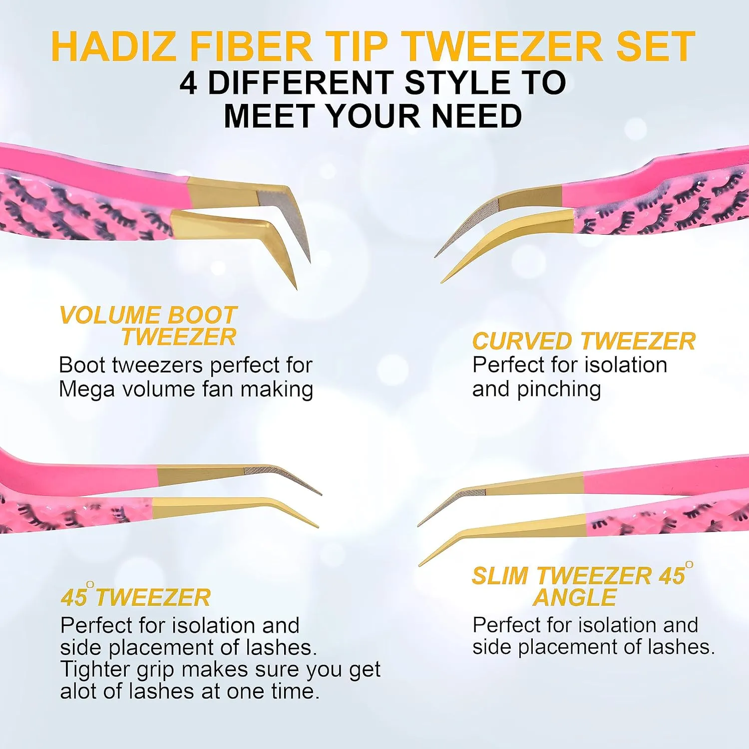 HADIZ Fiber Tip Tweezers Set of 4 Diamond Grip Eyelash Extensions Tweezers Japanese Stainless steel Lash Tweezer (Pink)