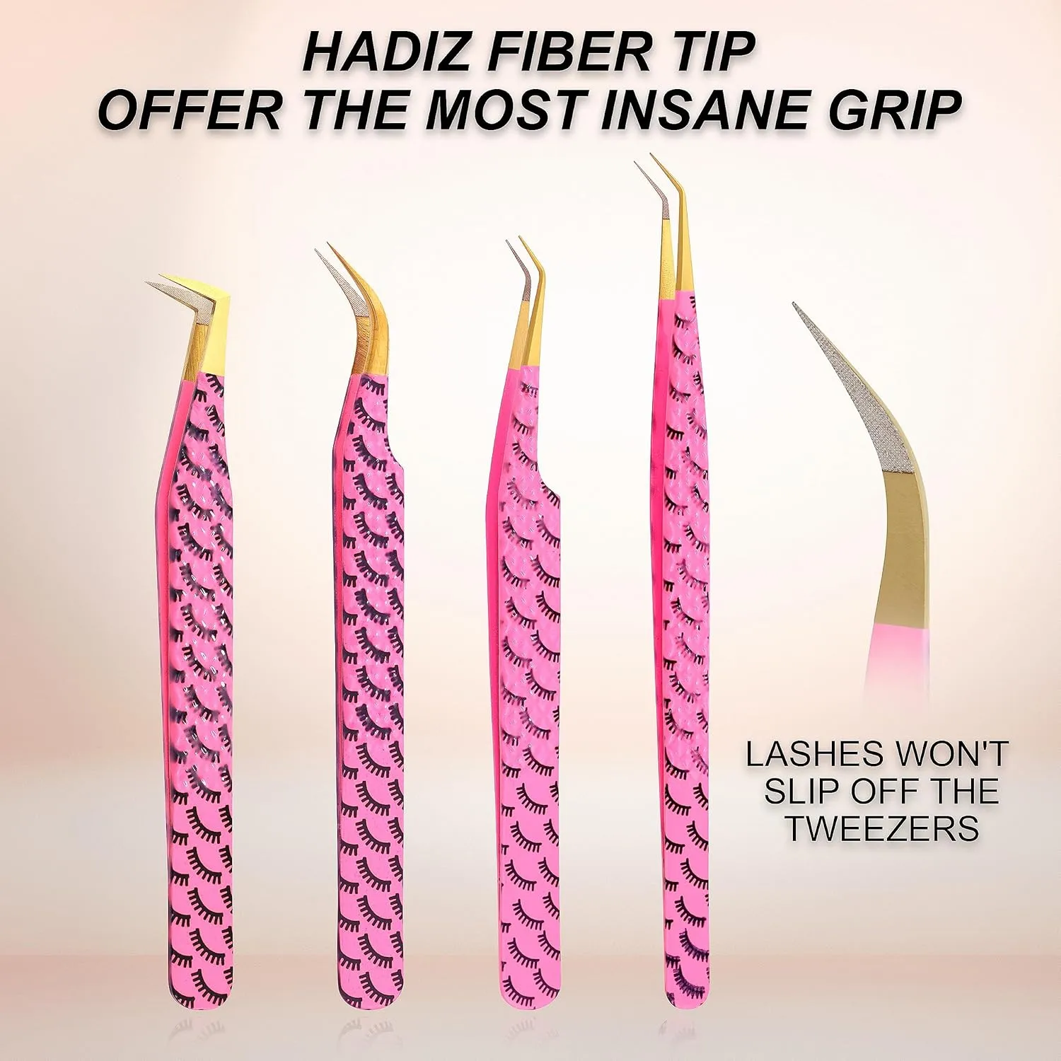 HADIZ Fiber Tip Tweezers Set of 4 Diamond Grip Eyelash Extensions Tweezers Japanese Stainless steel Lash Tweezer (Pink)