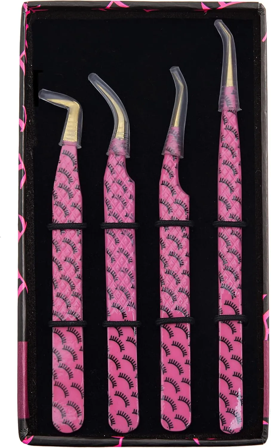 HADIZ Fiber Tip Tweezers Set of 4 Diamond Grip Eyelash Extensions Tweezers Japanese Stainless steel Lash Tweezer (Pink)