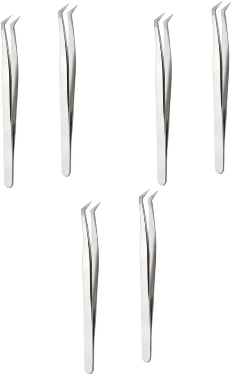 Healifty 6pcs Grafting Eyelash Tweezers High Precision Makeup Tools for Eyelash Extensions Silver Curved Straight Tip Tweezers for Isolation and Application for Professional Use