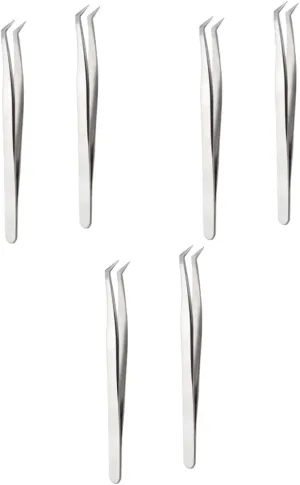 Healifty 6pcs Grafting Eyelash Tweezers High Precision Makeup Tools for Eyelash Extensions Silver Curved Straight Tip Tweezers for Isolation and Application for Professional Use