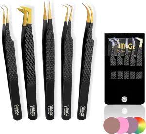 IMAGE 5 Pcs Japanese Steel Lash Tweezers Set with Leather Case, Professional Eyelash Tweezer for Lash Extensions-Titanium Coated Tips, 45 & 90 Degree, Pointed Eyelash Extension Tweezers (MATT BLACK)