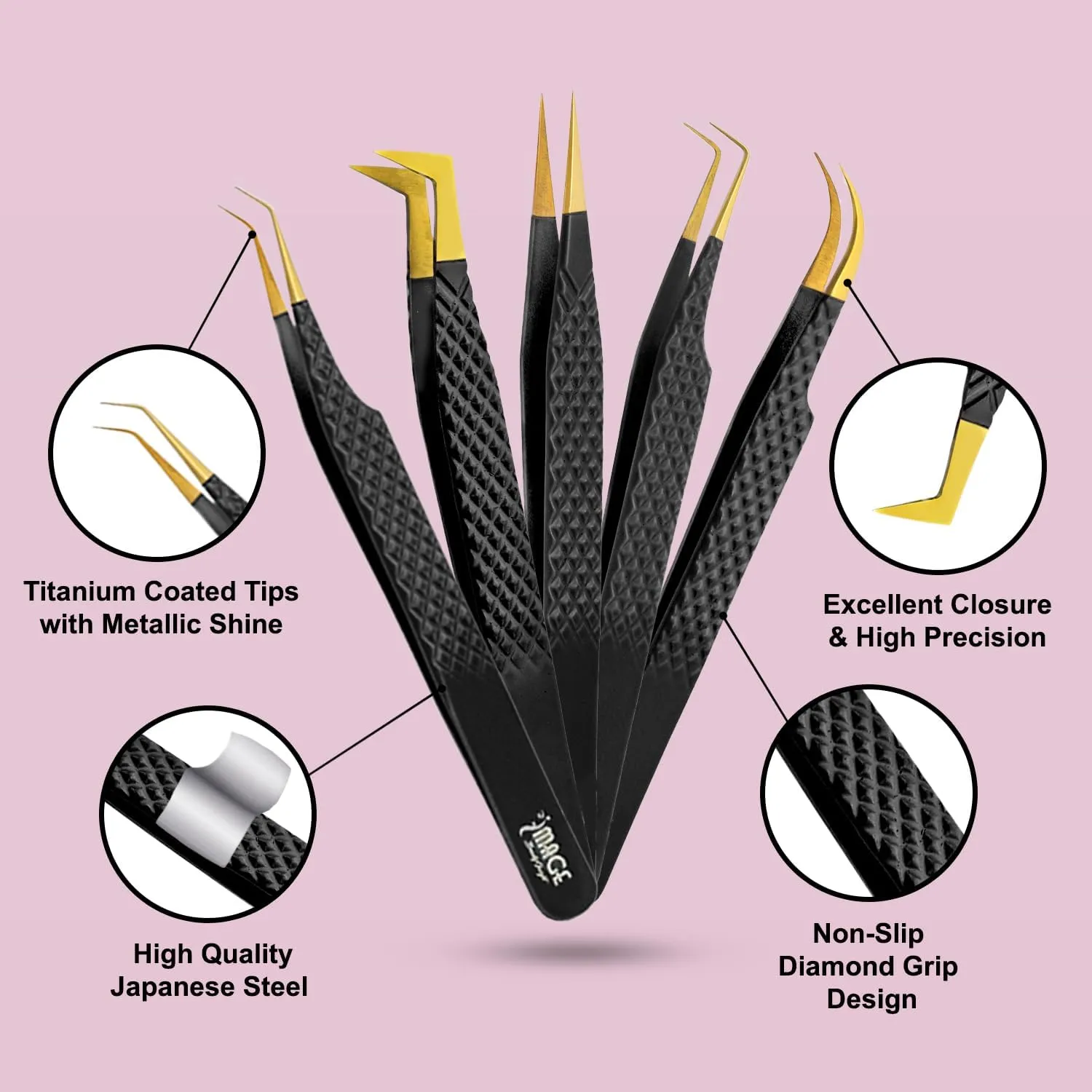 IMAGE 5 Pcs Japanese Steel Lash Tweezers Set with Leather Case, Professional Eyelash Tweezer for Lash Extensions-Titanium Coated Tips, 45 & 90 Degree, Pointed Eyelash Extension Tweezers (MATT BLACK)