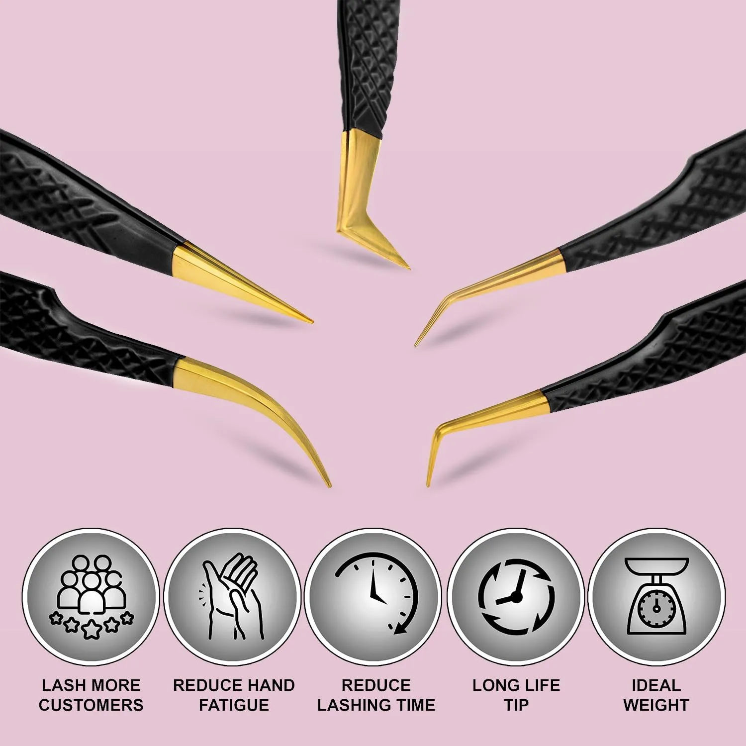 IMAGE 5 Pcs Japanese Steel Lash Tweezers Set with Leather Case, Professional Eyelash Tweezer for Lash Extensions-Titanium Coated Tips, 45 & 90 Degree, Pointed Eyelash Extension Tweezers (MATT BLACK)