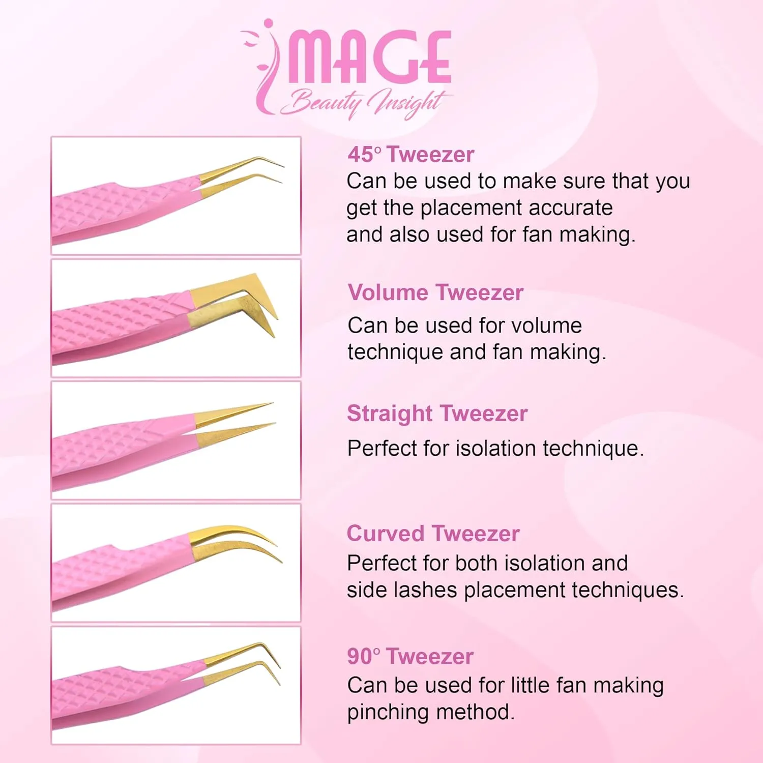 IMAGE 5 Pcs Japanese Steel Lash Tweezers Set with Leather Case, Professional Eyelash Tweezers for Lash Extensions-Titanium Coated Tips, 45 Degree, 90 Degree, Pointed Eyelash Extension (PINK)