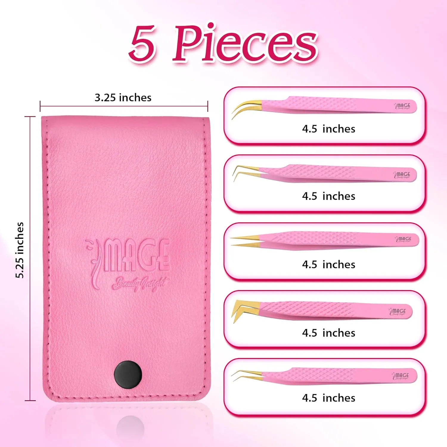 IMAGE 5 Pcs Japanese Steel Lash Tweezers Set with Leather Case, Professional Eyelash Tweezers for Lash Extensions-Titanium Coated Tips, 45 Degree, 90 Degree, Pointed Eyelash Extension (PINK)