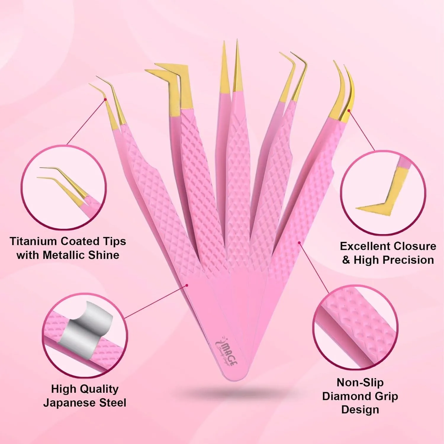 IMAGE 5 Pcs Japanese Steel Lash Tweezers Set with Leather Case, Professional Eyelash Tweezers for Lash Extensions-Titanium Coated Tips, 45 Degree, 90 Degree, Pointed Eyelash Extension (PINK)