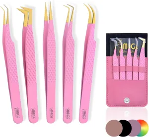 IMAGE 5 Pcs Japanese Steel Lash Tweezers Set with Leather Case, Professional Eyelash Tweezers for Lash Extensions-Titanium Coated Tips, 45 Degree, 90 Degree, Pointed Eyelash Extension (PINK)