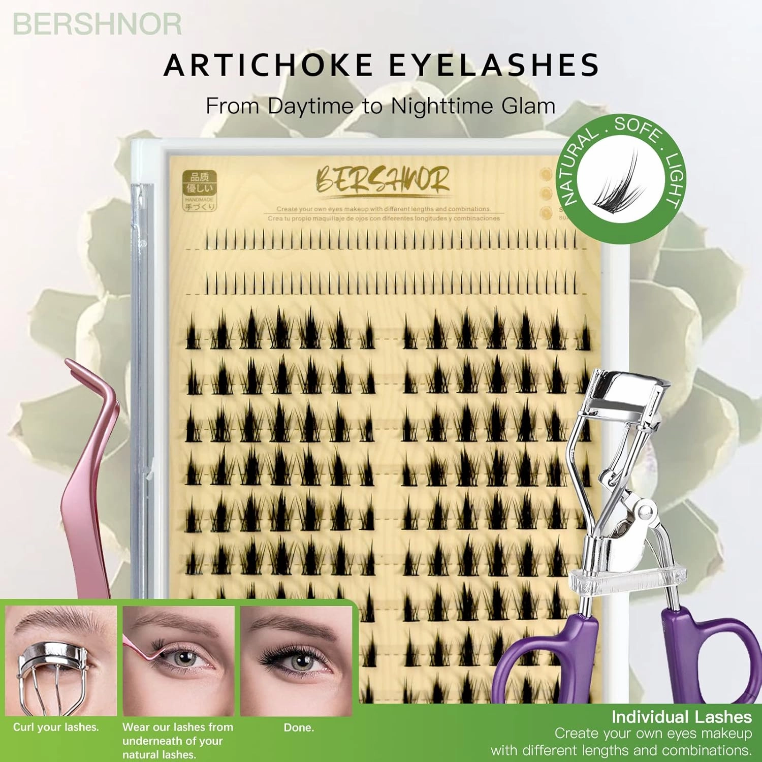 Individual Lashes, Natural Asian Manga Eyelash Clusters and Bottom Lashes For Home DIY, Include Lash Curler and Tweezer