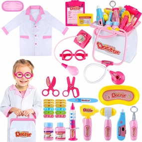 INNOCHEER Pink Doctor Kit for Kids, 25 Pcs Doctor Kit for Toddlers, Kids Doctors Play Set with Kids Doctor Costume, Kids Doctor Kit Birthday Christmas Princess Gifts Toys for 3 4 5 6 7  Year Old Girls