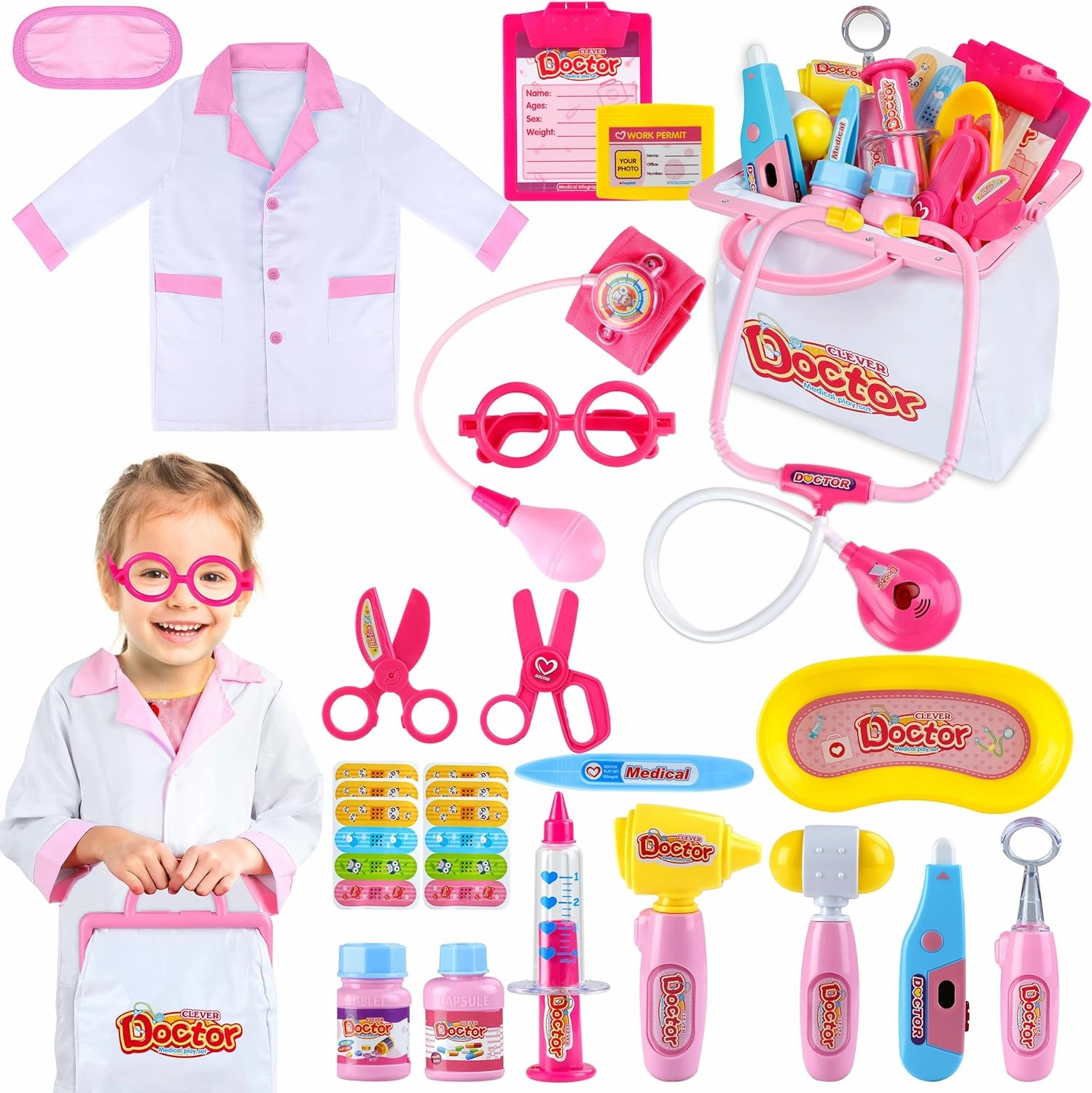 INNOCHEER Pink Doctor Kit for Kids, 25 Pcs Doctor Kit for Toddlers, Kids Doctors Play Set with Kids Doctor Costume, Kids Doctor Kit Birthday Christmas Princess Gifts Toys for 3 4 5 6 7  Year Old Girls