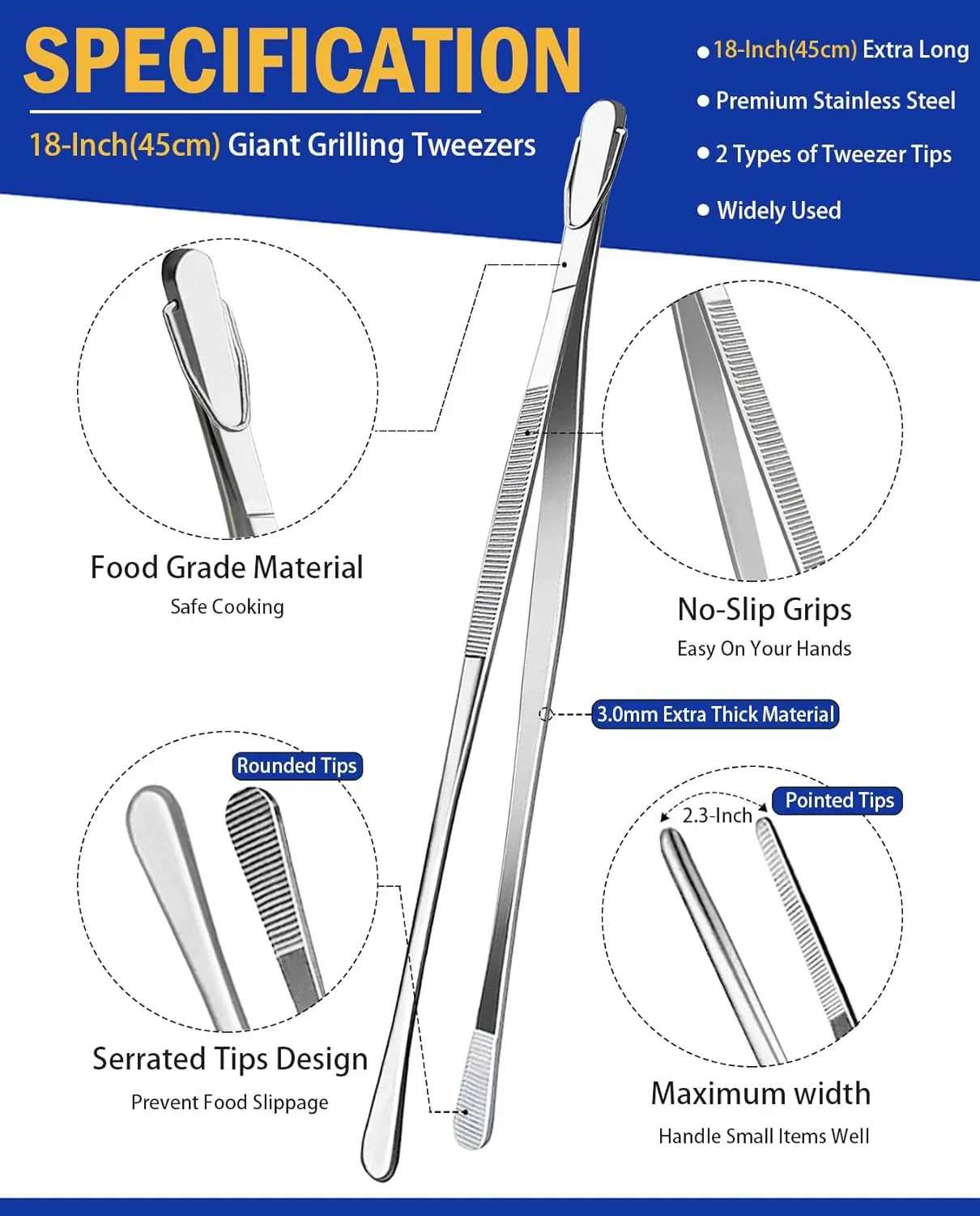 JETKONG 18 Inch (45cm) Extra Long Barbecue Tongs, Heavy Duty Giant Tweezer Tongs for Grilling and BBQ, Set of 2 (Round Tips)