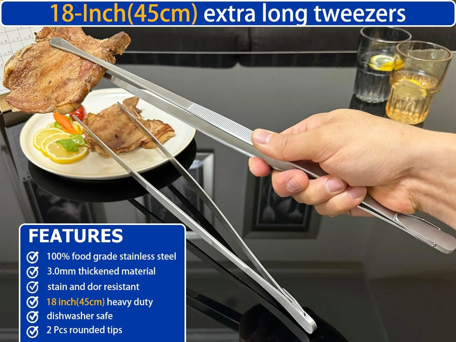 JETKONG 18 Inch (45cm) Extra Long Barbecue Tongs, Heavy Duty Giant Tweezer Tongs for Grilling and BBQ, Set of 2 (Round Tips)