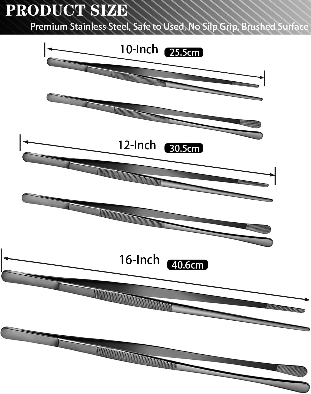 JETKONG 2 Pcs 16-Inch Kitchen Tweezers Tongs with Precision Serrated Tips, Stainless Steel Chef Tweezer Professional Cooking Tweezers for BBQ, Plating and Serving (16-Inch, Black)