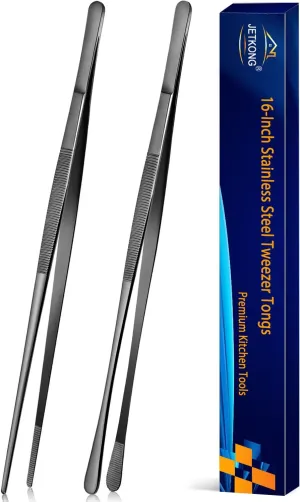 JETKONG 2 Pcs 16-Inch Kitchen Tweezers Tongs with Precision Serrated Tips, Stainless Steel Chef Tweezer Professional Cooking Tweezers for BBQ, Plating and Serving (16-Inch, Black)