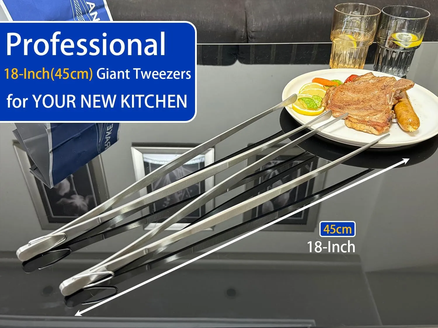 JETKONG 2 Pcs 18 Inch (45cm) Stainless Steel Grill Tongs Heavy Duty Giant Tweezer Tongs, Extra Large Tweezers Tools for Cooking, Grilling, BBQ and Turning Food (Silver)