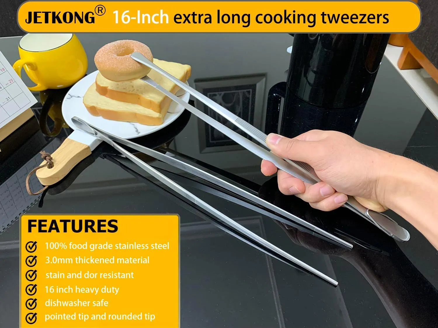 JETKONG 2 Pieces Extra-Long Tweezer Tongs 16-Inch Stainless Steel Tweezers Chef Tweezers (Point-Tips)