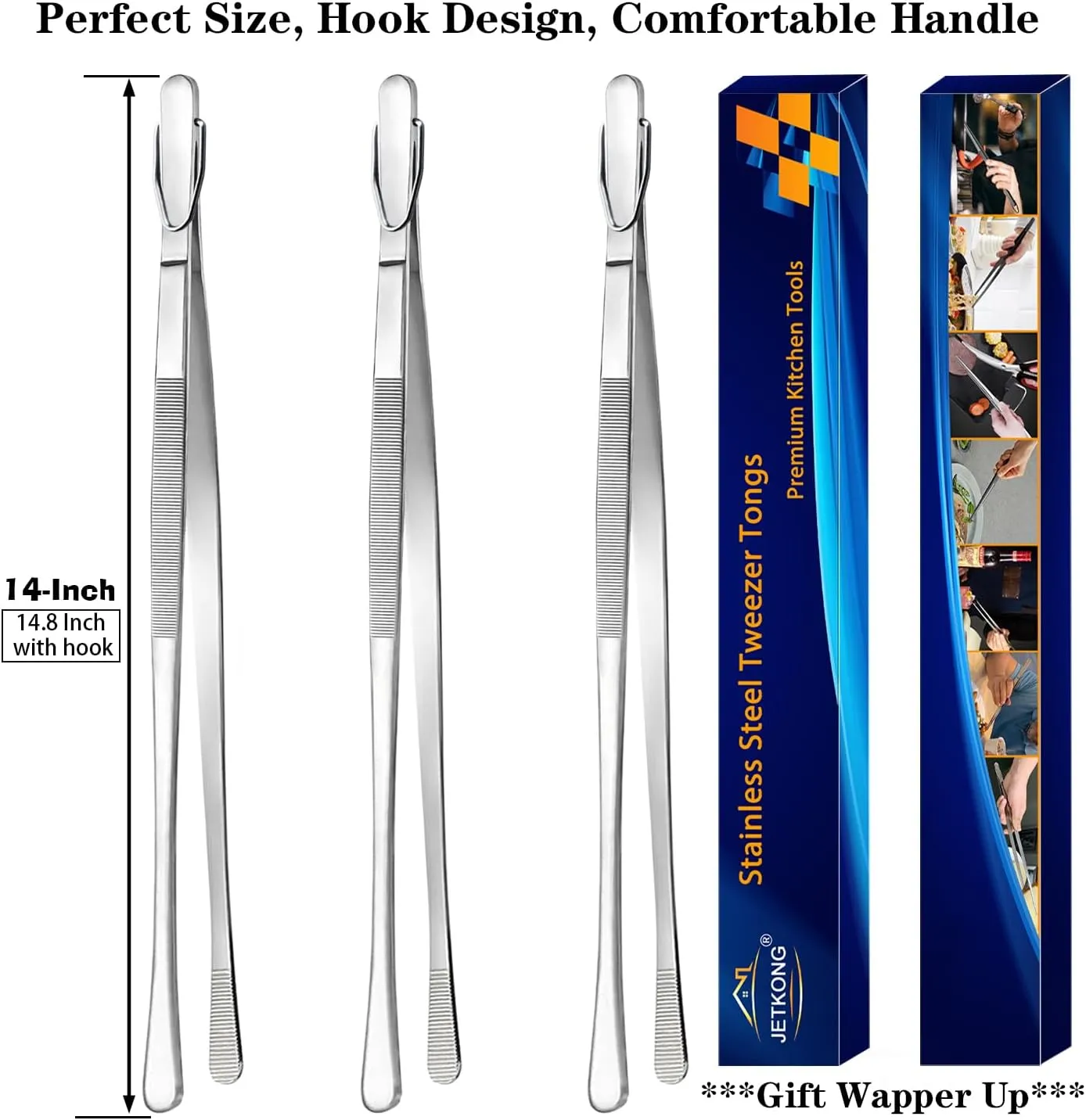 JETKONG 3 Pcs 14-Inch Stainless Steel Cooking Tweezers Heavy Duty Kitchen Food Tweezers (14 14 14 Inch, Silver)
