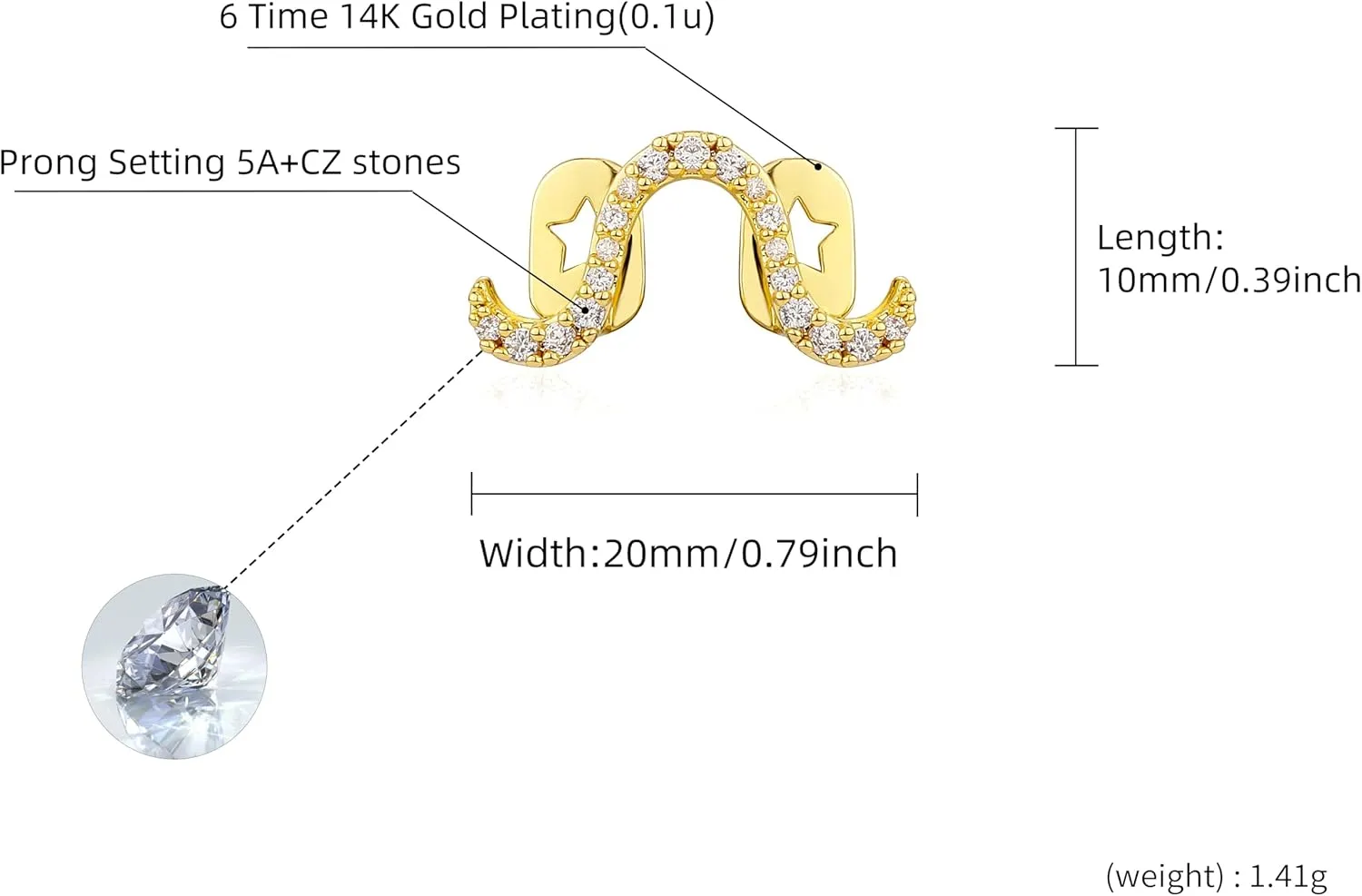 JINAO Grillz - Grills for Your Teeth, Gold Tooth Cap 2pcs 14K Gold Plated Möbius Diamond Single Tooth Grill Cap for Men Women Rapper Costume