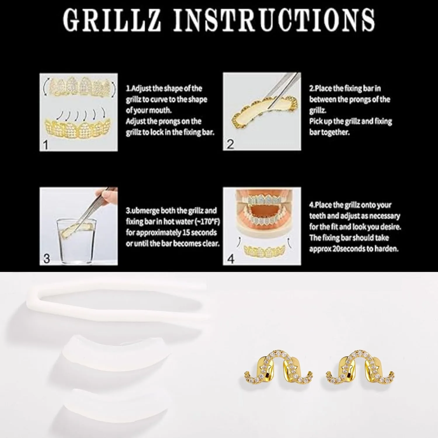 JINAO Grillz - Grills for Your Teeth, Gold Tooth Cap 2pcs 14K Gold Plated Möbius Diamond Single Tooth Grill Cap for Men Women Rapper Costume