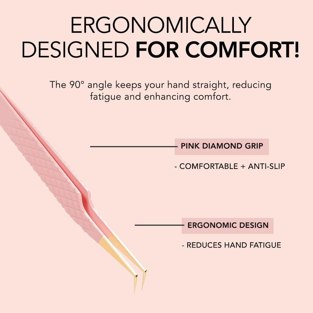KIARA SKY LASH Tweezer for Eyelash Extensions | Precision Fiber Tip Grip | Volume, Mega Volume, and Lash Removal Fills | Comfortable Ergonomic Design | Pink and Gold, 90° ANGLE TWEEZER