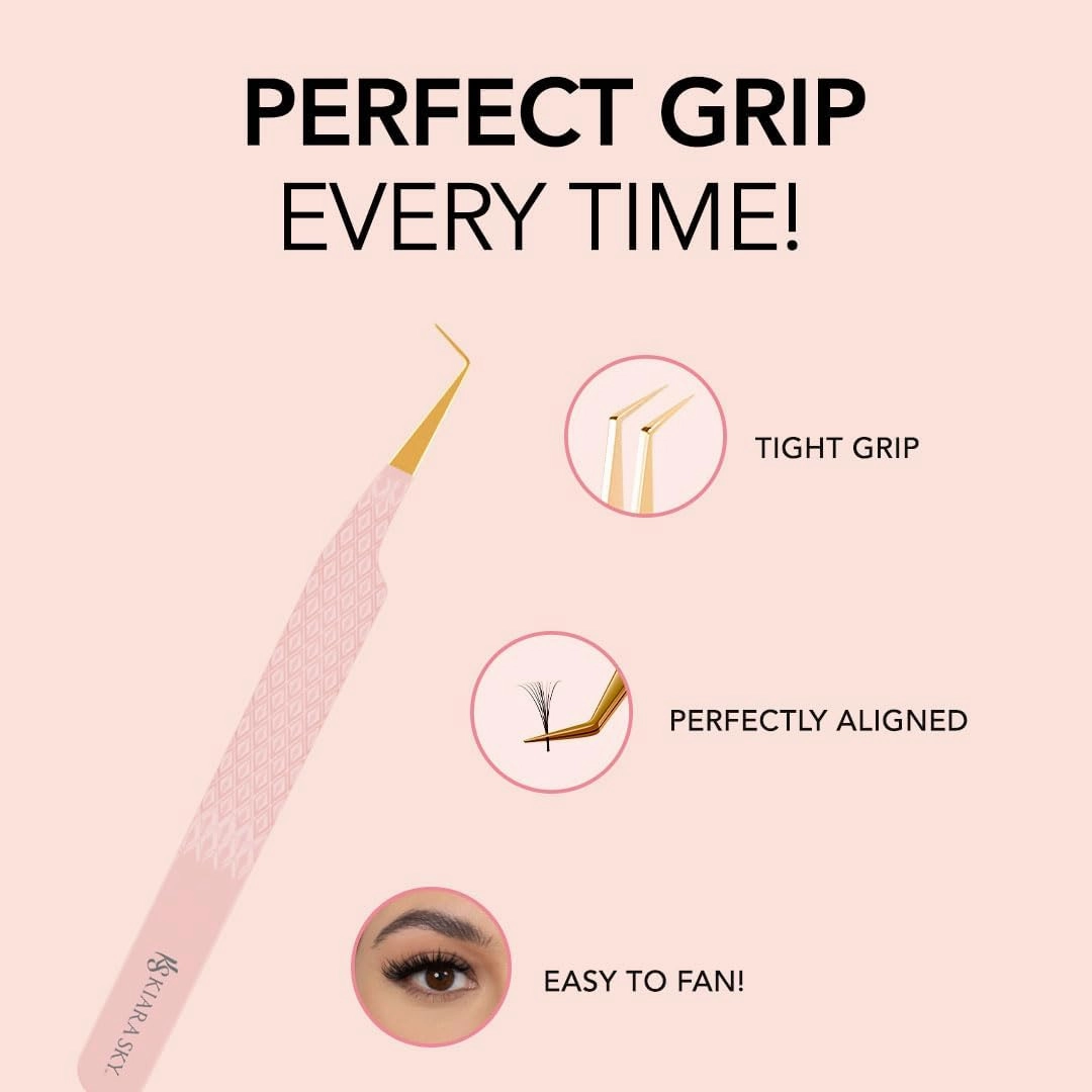 KIARA SKY LASH Tweezer for Eyelash Extensions | Precision Fiber Tip Grip | Volume, Mega Volume, and Lash Removal Fills | Comfortable Ergonomic Design | Pink and Gold, 90° ANGLE TWEEZER