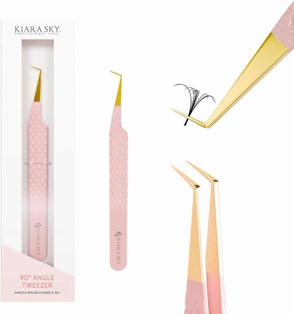 KIARA SKY LASH Tweezer for Eyelash Extensions | Precision Fiber Tip Grip | Volume, Mega Volume, and Lash Removal Fills | Comfortable Ergonomic Design | Pink and Gold, 90° ANGLE TWEEZER